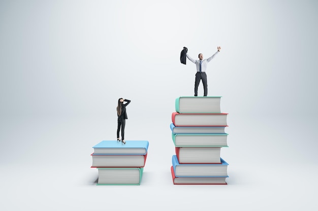 Businessman and woman standing on books on white background Competition education success and knowledge concept
