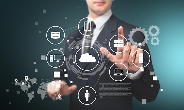 businessman hand touch 3d virtual chart business