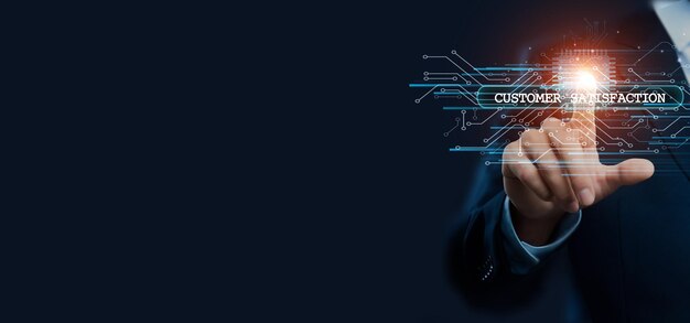 Businessman hand touching virtual graphical interface of customer satisfaction Idea for enhancing