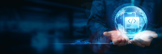 businessman hold global mobile app development globe with network connected to innovate strategies