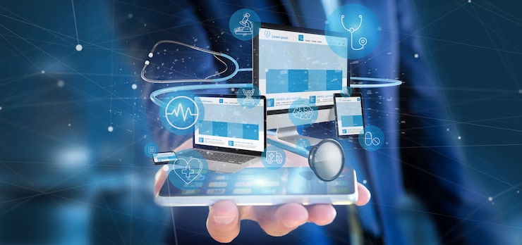 Fotoğraf businessman holding devices with medical icon and stethoscope 3d rendering