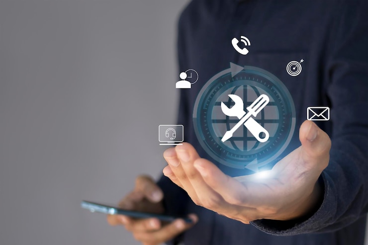 Fotoğraf businessman holds virtual 24 hours a day global customer service concept