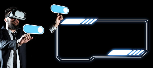 Businessman in black office suit standing wearing VR glasses and looking at technological message Man pressing virtual buttons with his both fingers Futuristic style
