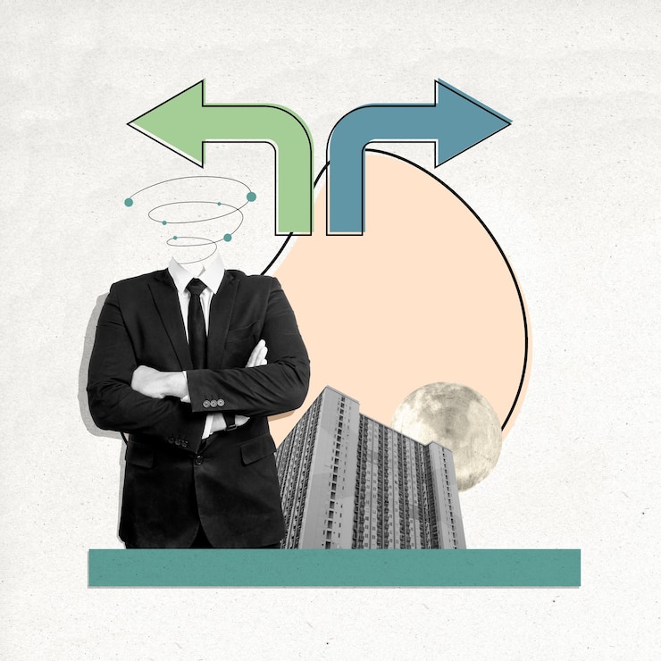 Fotoğraf businessman making decisions choosing right way with arrows following city path