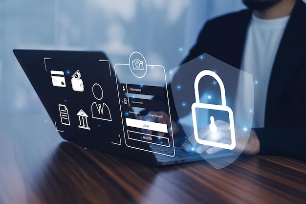 Businessman prioritizes login data security implementing advanced authentication to protect sensitive information and prevent unauthorized access ensuring business continuity and trust