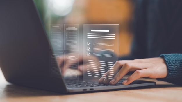 Businessman showing online document validation icon Concepts of practices and policies company artic
