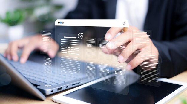 Businessman showing online document validation icon quality assessment management With a checklist