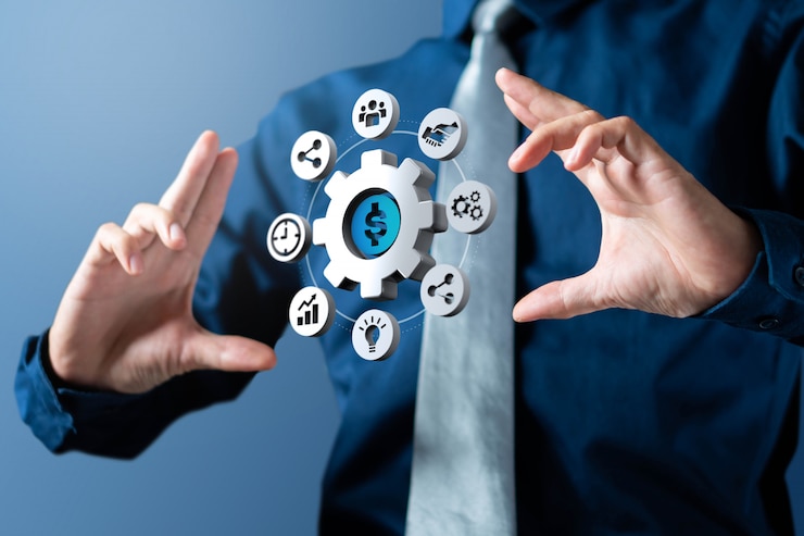 Fotoğraf businessman shows cogwheel management circle