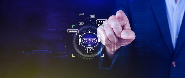 Businessman using for digital chatbot robot application conversation assistant AI Artificial Intelligence concept digital chatbot on virtual screen