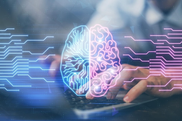 Businessman with computer background with brain theme hologram Concept of brainstorm Multi exposure