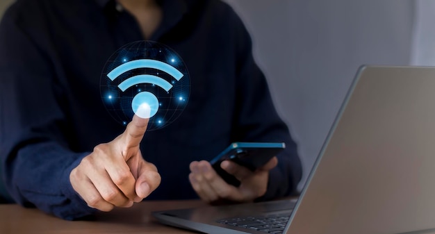 Businessman with wifi icon Business communication social network concept