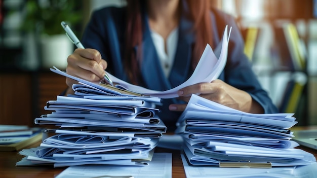 Businesswoman hands working in Stacks of paper files for searching information on desk report papers