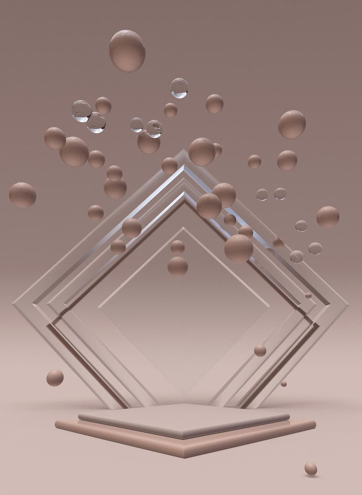 Fotoğraf cam üçgen podyum ve uçan baloncuklarla 3d bej geometrik minimal kompozisyon. ürün tanıtımı için soyut dikey arka plan