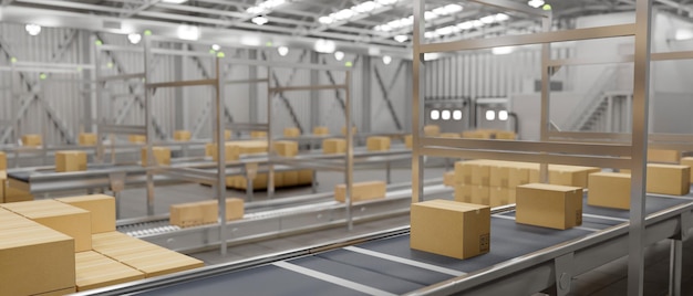 Cardboard boxes on conveyor in a modern distribution warehouse preparing to ship to customers