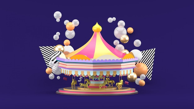 Carousel among colorful balls on purple. 3d render