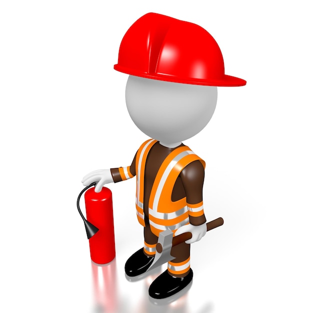 Cartoon fireman with extinguisher on white background