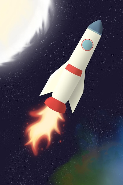 Cartoon white rocket launch into space with fire from turbines