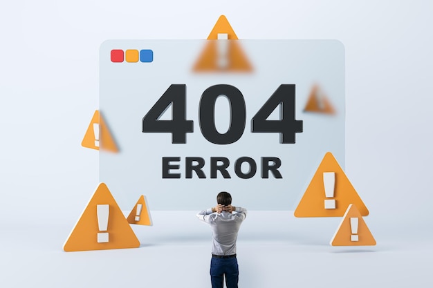 Casual man puzzled by a 404 error display with warning icons Web problem concept