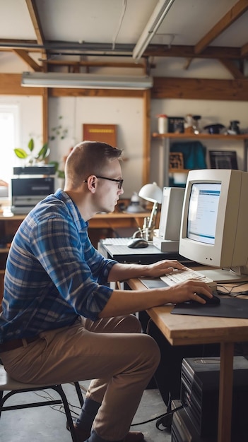 Caucasian Male Software Engineer Programming on Old Desktop Computer In Retro Garage