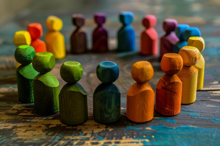 Fotoğraf celebrating diversity colorful wooden figures and paper people representing unity and inclusion