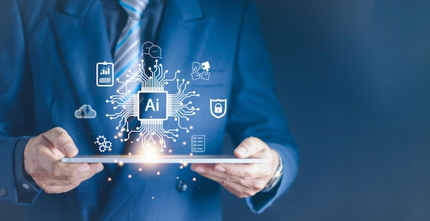 Chatbot Chat with AI Artificial Intelligence man using technology smart robot AI artificial intelligence by enter command prompt for generates something technology robot in the online system