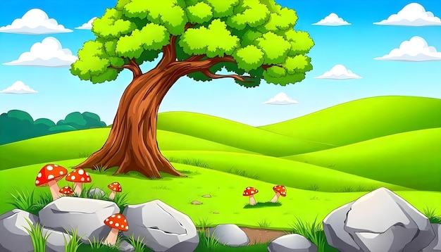 cheerful landscape illustration cartoonstyle scenery vibrant foreground details large rocks with