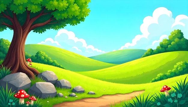 cheerful landscape illustration cartoonstyle scenery vibrant foreground details large rocks with