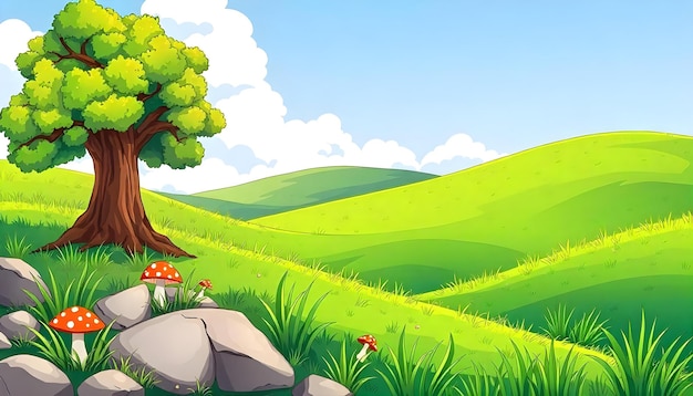 cheerful landscape illustration cartoonstyle scenery vibrant foreground details large rocks with