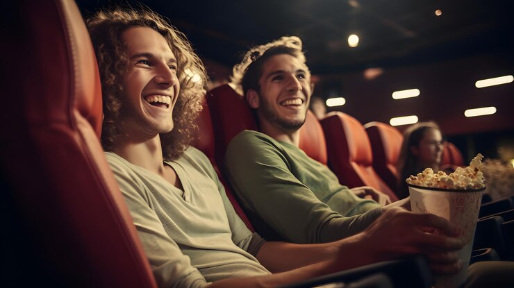 Cheerful young man watching movie at cinema and eating popcorn
