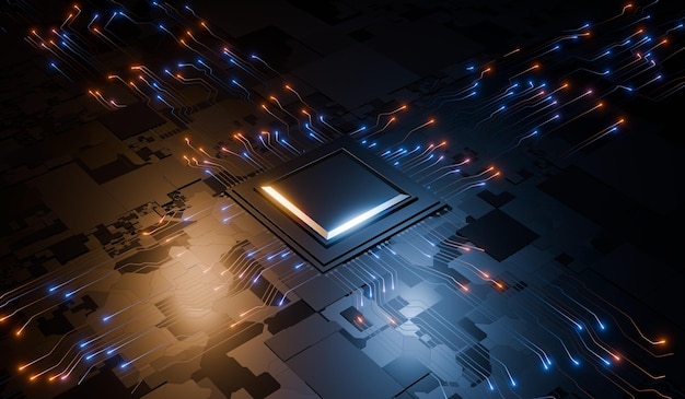 chip circuit board processor data technology background 3d illustration