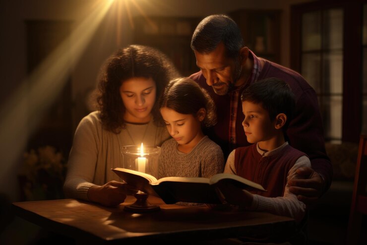 Christian family reading Bible and praying together