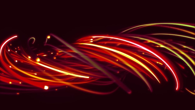 Çizgi, şerit, fiber veya telden oluşan renkli, soyut bir arka planın 3D render’ı