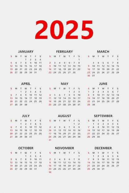 Classic white and red monthly calendar for 2025 in vertical format Minimalist square calendar