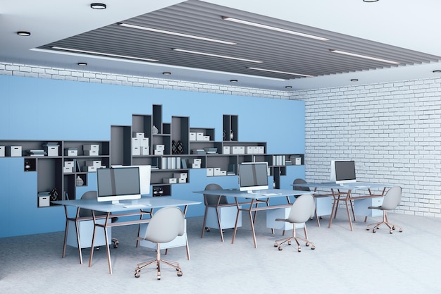 Clean coworking office interior with computers and shelves with documents