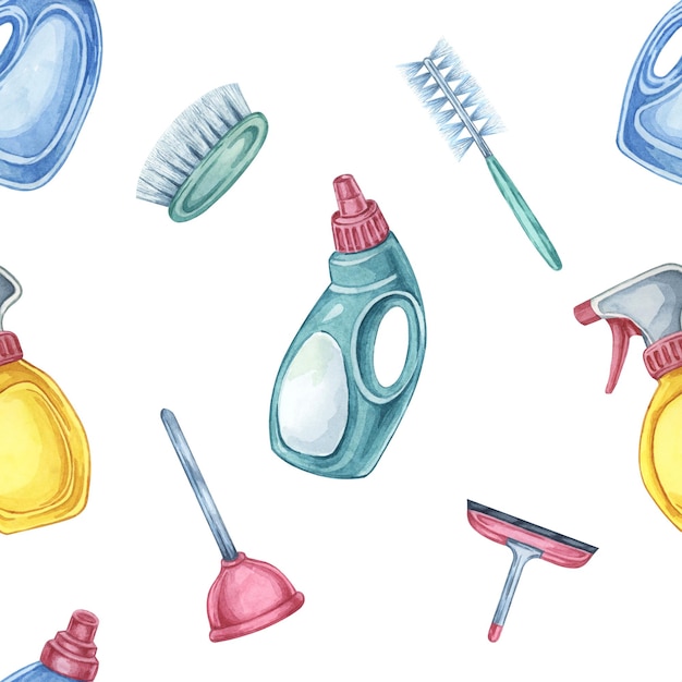 Cleaning supplies seamless pattern featuring detergent bottles brushes and sponges Watercolor clipart Perfect for wrapping paper cleaning service