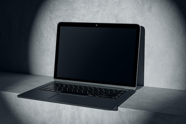 close up of blank computer in spotlight mock up place on screen and advertisement concept 3d rendering