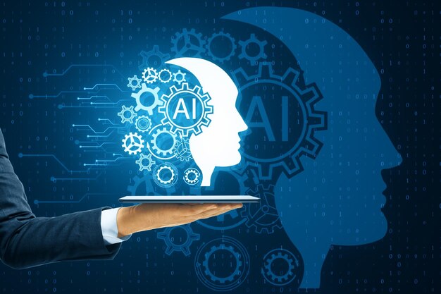 Close up of businessman hand holding smartphone with creative head outline and cogs ai hologram on dark blue tech background Artificial intelligence and machine learning concept