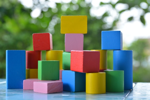 Close-up of colorful toy blocks on table