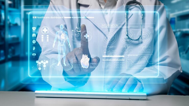 Fotoğraf close up of doctor searching and pointing at human anatomy hologram remedial