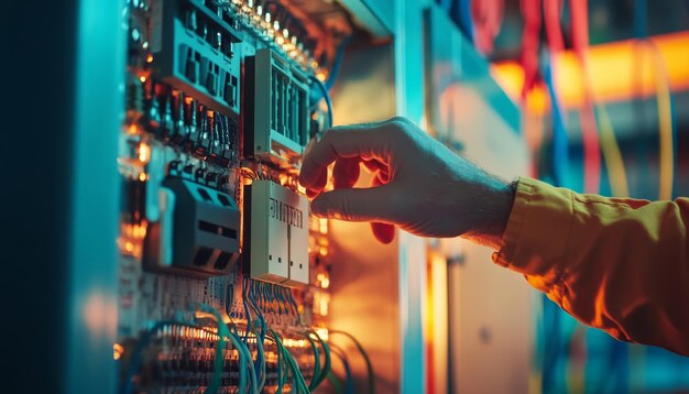 Close up of engineer testing voltage at circuit breaker in main power distribution board