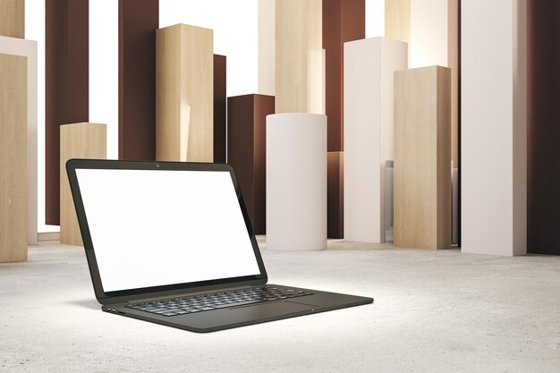 Close up of laptop computer in spotlight and with empty white mock up screen placed on abstract geometric background Product and device presentation concept 3D Rendering