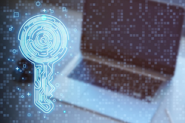 Close up of laptop computer with creative fingerprint key on blue background Concept of cyber security or private key in cryptocurrency technology 3D Rendering