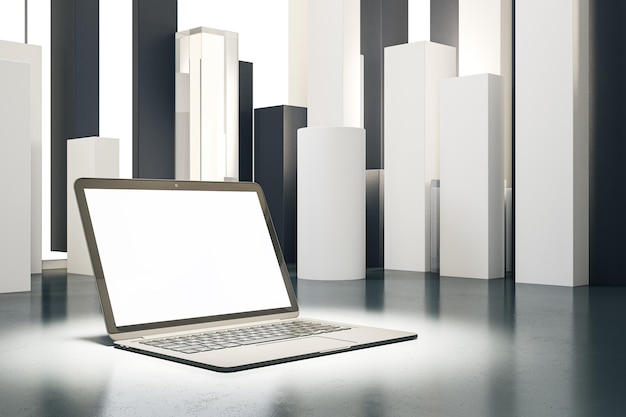 Close up of laptop in spotlight and with empty white mock up screen placed on abstract geometric background Product and device presentation concept 3D Rendering