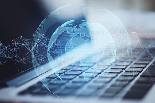 Close up of laptop with creative glowing globe with polygonal connections on blurry bright outdoor background Big data futuristic world and business concept Double exposure