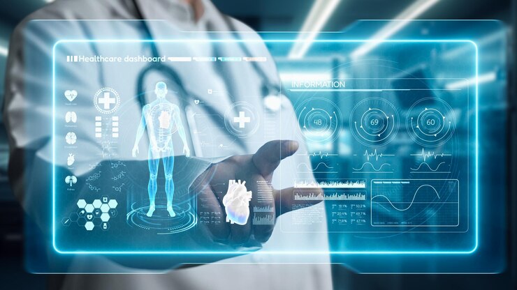 Fotoğraf close up of smart doctor pointing at human anatomy hologram floating remedial