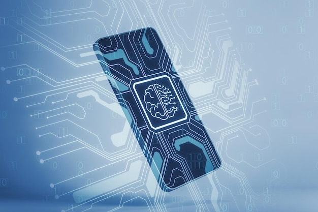 Close up of smartphone with abstract brain and binary code circuit on blurry background Chip data ai and future concept 3D Rendering