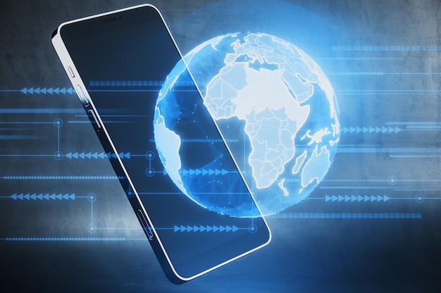 close up of smartphone with bright blue globe hologram and lines on blurry dark background metaverse digital world and network concept 3d rendering
