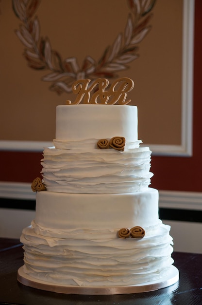 Close-up of wedding cake on table
