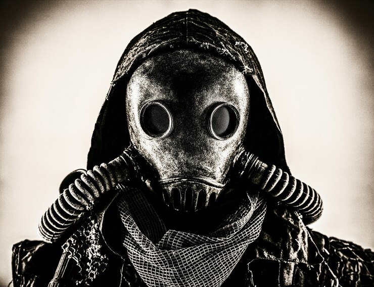 Fotoğraf close up portrait of nuclear post-apocalypse survivor, living underground mutant or creature, skilled stalker wearing rags and armored full-face gas mask or air breathing apparatus, toned shoot