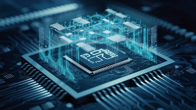 Closeup of an advanced GPU ram microchip or cpu of a powerful computer